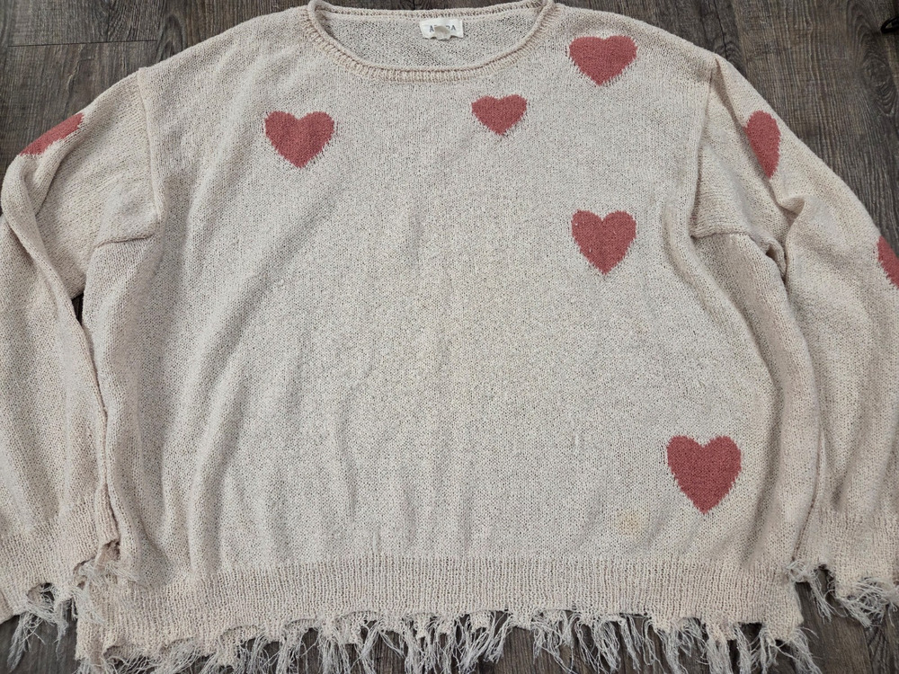 ADORE Loose Open Knit Beige Pink/Mauve Heart Fringe Oversized Sweater Medium